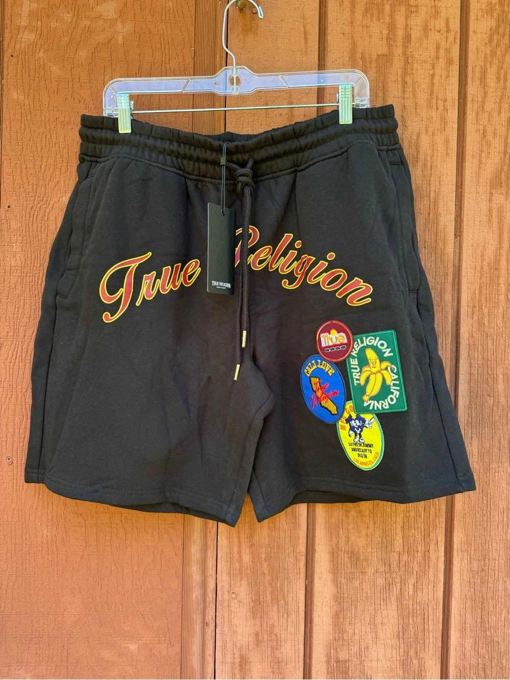 NWT True Religion Black Athletic Shorts with Colorful Patch Logos